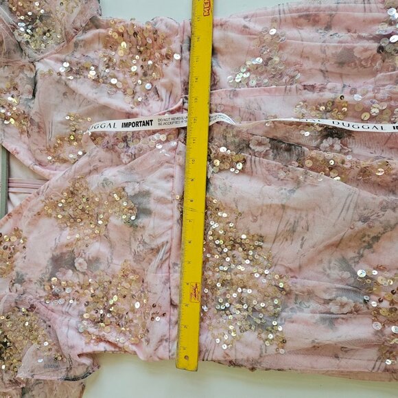 NWT Ieena for Mac Duggal Sequin Mesh Flutter Sleeve Faux Wrap Midi Dress Rose 12 - Picture 14 of 15